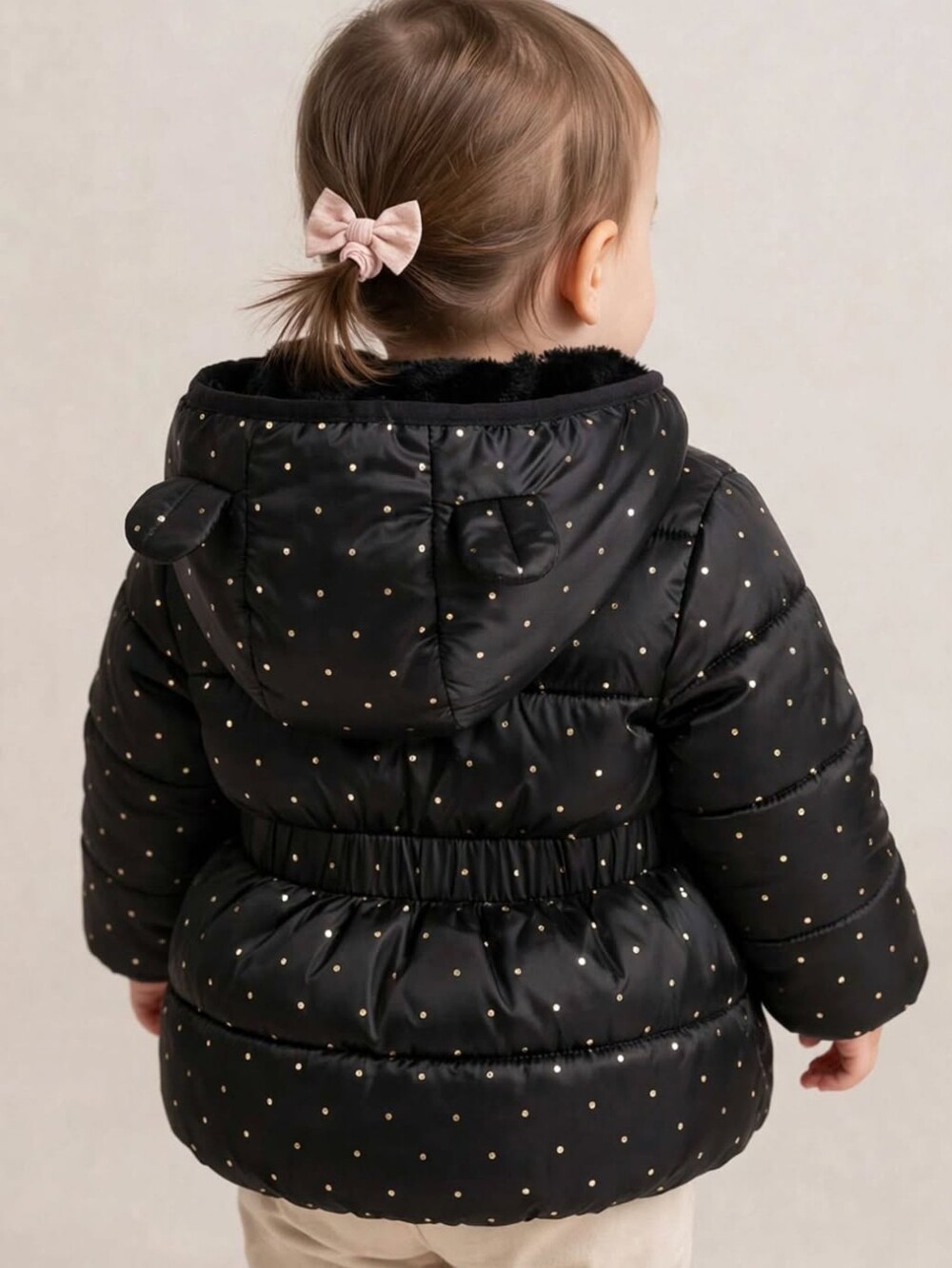 Baby Gap Puffer Jacket 12-18 Months - Black with Gold Dots - Bear Ears Hood